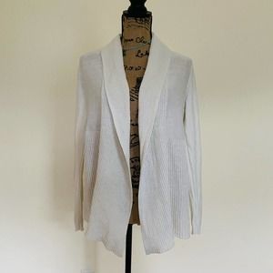 LOFT Rib Trim White Knit Cotton Open Classic Cardigan Sweater